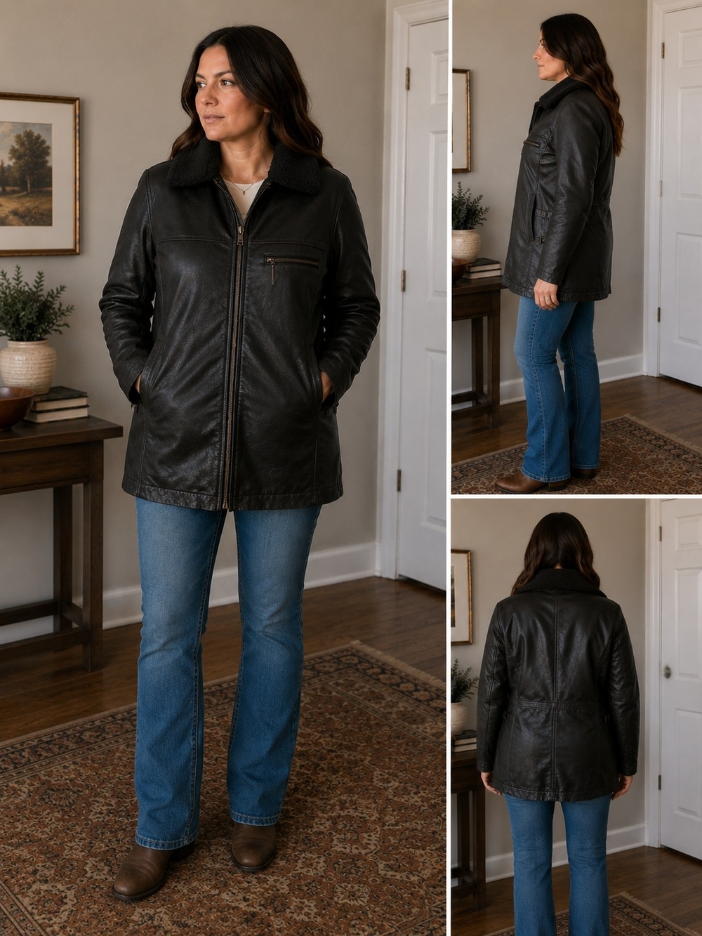 Vintage Plongé Women's Leather Jacket with Removable Sherpa Collar & Inner Vest